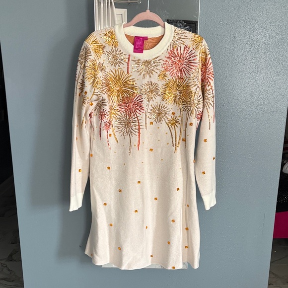 QUEEN OF SPARKLES Dresses & Skirts - QUEEN OF SPARKLES Cream Sweater with Pink Tag and Orange Knit Detail